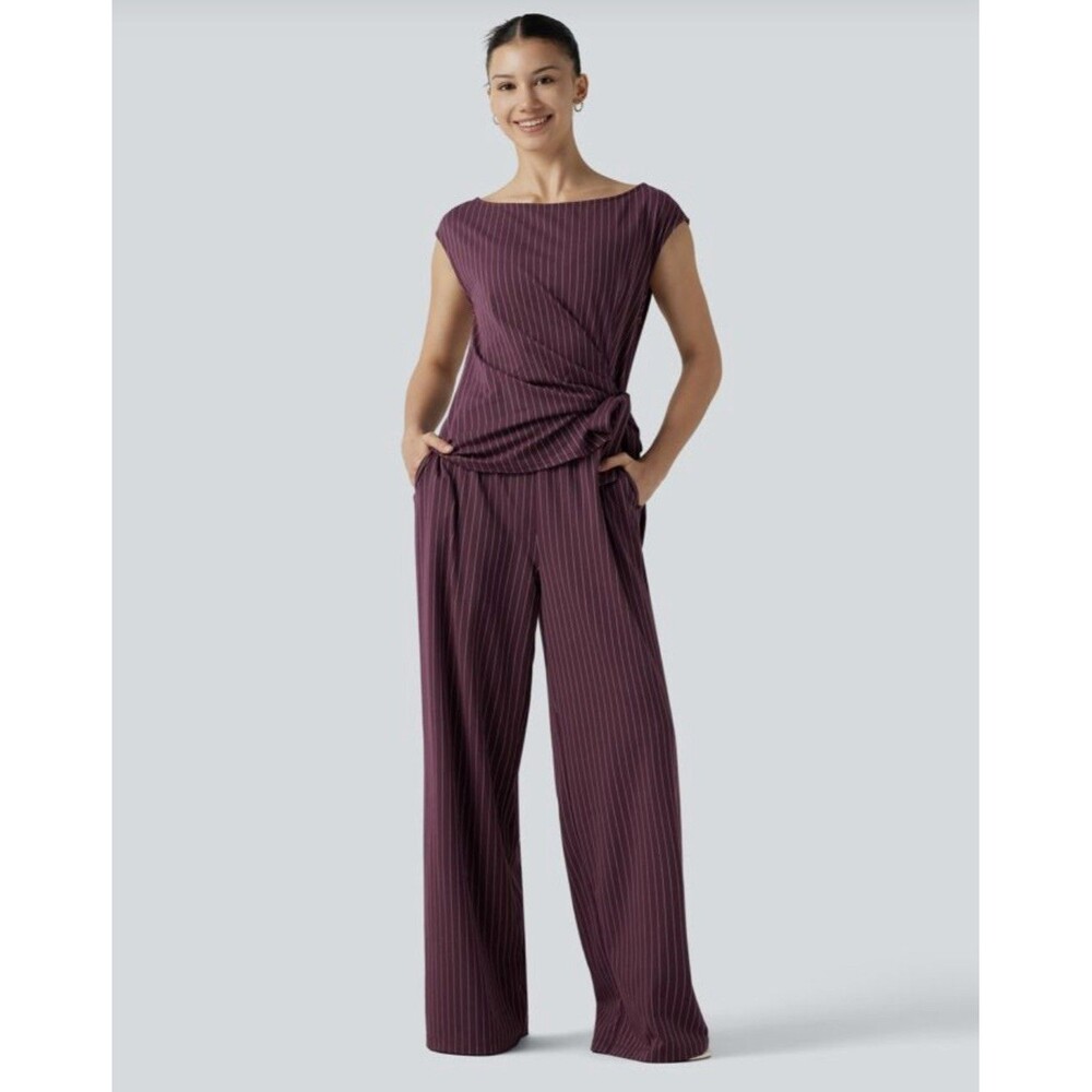 Halara Boat Neck Sleeveless Tie Side Cool Touch Stripe Work Jumpsuit Medium